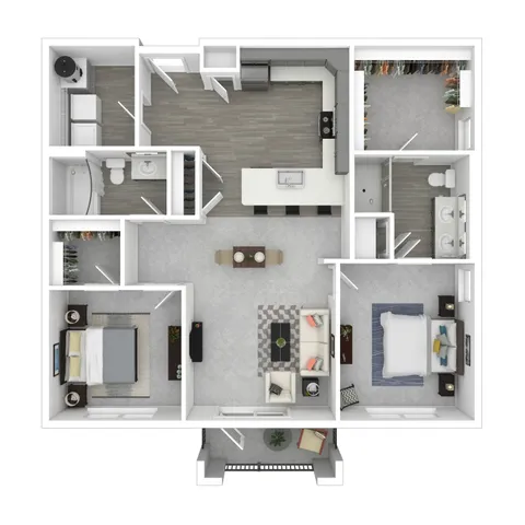 Modern 3D apartment floor plan featuring 2 spacious bedrooms, an open living room, a stylish kitchen with bar seating, and 2 elegant bathrooms. Includes a cozy balcony and ample storage space.