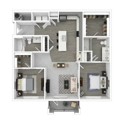 Modern apartment floor plan showcasing 2 bedrooms, spacious living room, open kitchen, and 2 luxurious bathrooms with ample closet space.