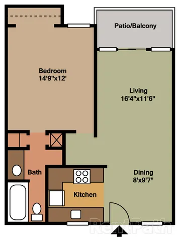 Inviting floor plan showcasing a spacious bedroom, a cozy bath, a well-equipped kitchen, and a combined living and dining area leading to a relaxing patio.