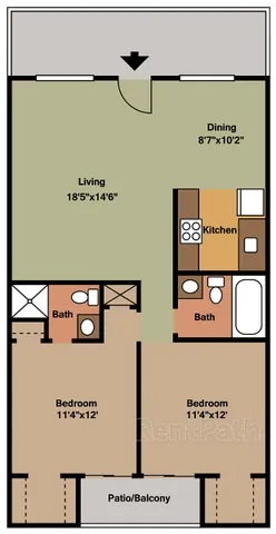 Spacious apartment floor plan featuring two bedrooms, two bathrooms, open living and dining area, and a cozy kitchen. Includes a private patio/balcony for outdoor relaxation.