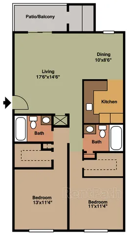 Inviting floor plan showcasing 2 bedrooms, a spacious living area, and a cozy kitchen, complete with a patio/balcony.