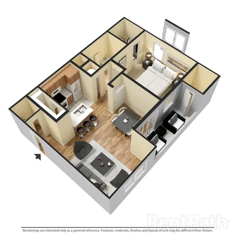 Charming 3D floor plan showcasing 2 bedrooms, modern kitchen with bar stools, and a cozy living area with ample natural light.
