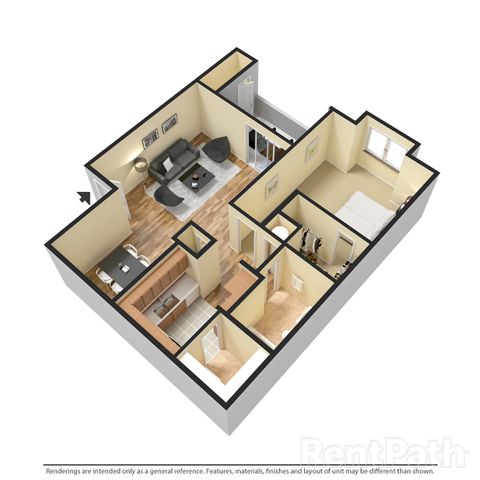 Modern 3D floor plan featuring a cozy living room, sleek kitchen with dining area, 1 bedroom, and a spacious bathroom.
