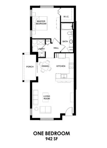 Inviting one-bedroom floor plan featuring 942 sq ft, with a spacious kitchen, cozy living room, and charming porch.