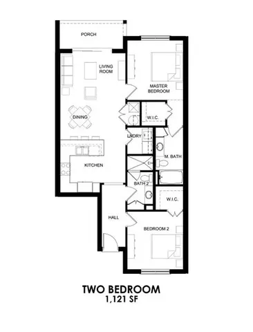 Modern two-bedroom floor plan featuring an open-concept living and dining area, spacious kitchen, and a cozy porch, all within 1,121 square feet.