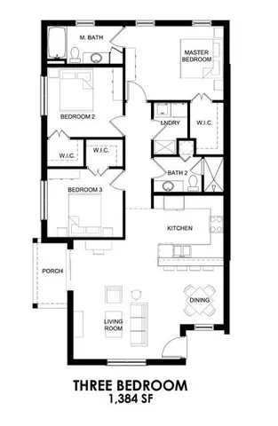 Modern 3-bedroom floor plan with expansive living room, open kitchen, and dedicated laundry space, spanning 1,384 sq ft.