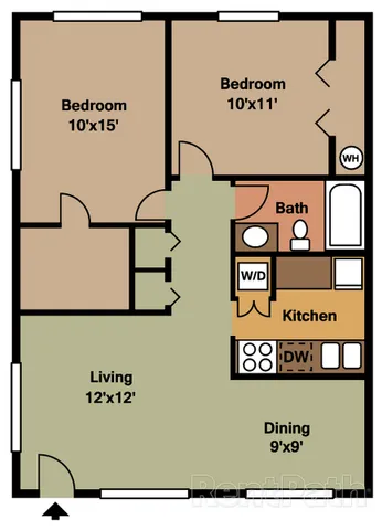 Charming floor plan showcasing two cozy bedrooms, spacious living room, functional kitchen with dining area, and modern bath, ideal for comfortable living.