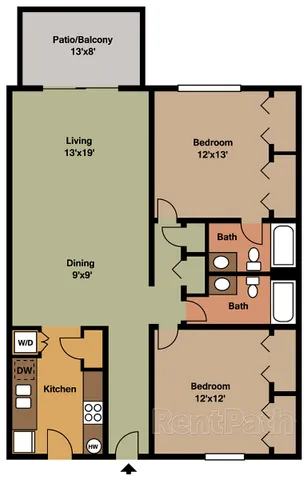 Inviting floor plan showcasing 2 spacious bedrooms, a bright living area, and a charming kitchen with dining space. Includes dual baths and a balcony.