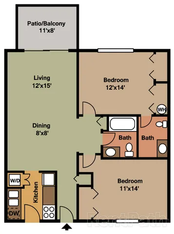 Charming apartment floor plan featuring 2 spacious bedrooms, open living and dining area, cozy kitchen, and inviting patio.