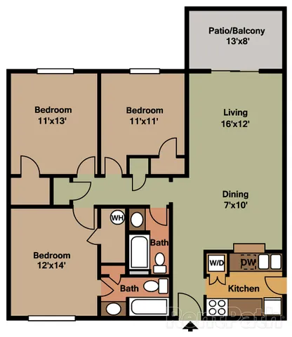 Modern floor plan showcasing three bedrooms, two baths, spacious living and dining area, sleek kitchen, and a cozy patio/balcony.