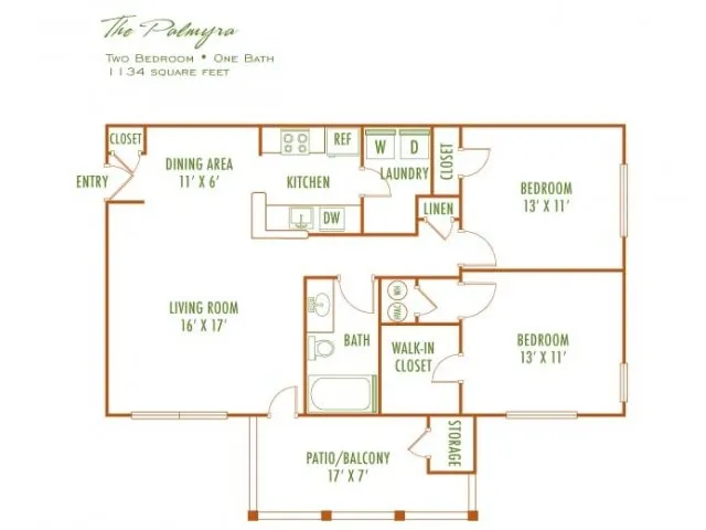 Charming floor plan for \'The Palmyra\' featuring 2 bedrooms, 1 bath, spacious living and dining areas, efficient kitchen, and inviting patio/balcony, totaling 1134 sq ft.