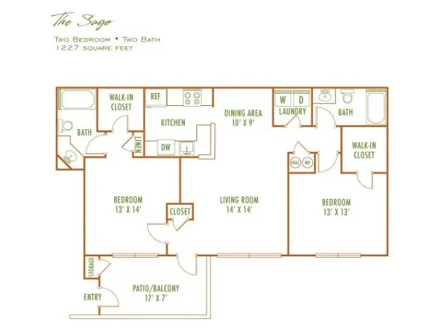 The Sage floor plan highlighting a modern two-bedroom, two-bath layout, featuring a spacious living room, kitchen with dining area, and a large patio/balcony, totaling 1227 square feet.