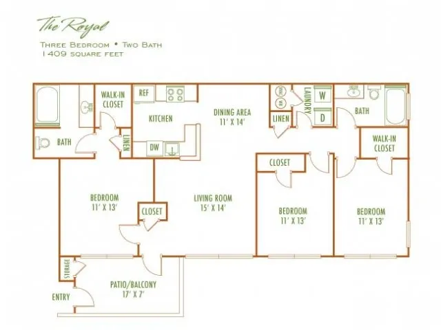 The Royal floor plan with three bedrooms, two baths, spacious living room, and a generous patio. Total area of 1409 sq ft offering luxurious comfort.