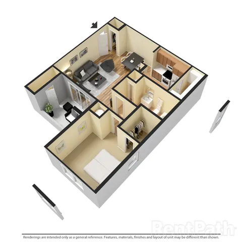 Charming 3D floor plan showcasing a cozy one-bedroom apartment with an open living area, sleek kitchen, and modern bathroom.
