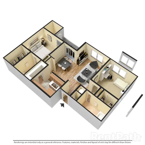 Modern 3D floor plan showcasing 3 bedrooms, inviting open-concept living and dining areas, and a sleek kitchen, perfect for comfortable living.