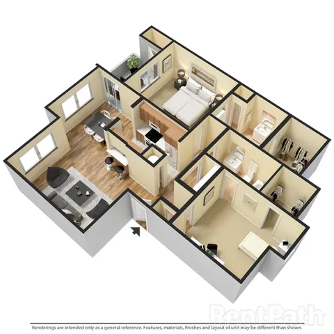 Modern 3D floor plan showcasing a stylish apartment with two spacious bedrooms, a sleek kitchen, inviting living room, and two bathrooms. Perfect for contemporary living.