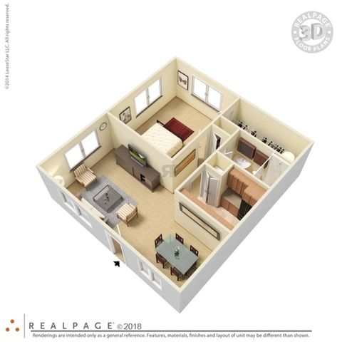 3D floor plan showcasing 1 bedroom, cozy living area, and modern kitchen with dining space.