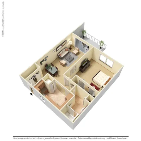 Charming 3D apartment floor plan showcasing a cozy living room, dining area, and a spacious bedroom with a balcony.