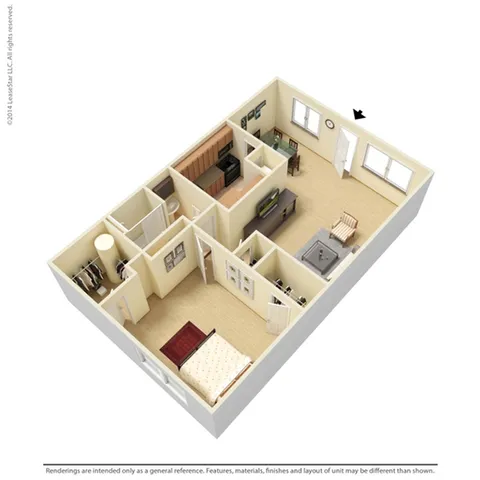 Charming 3D floor plan showcasing a 1-bedroom apartment with a cozy living space, modern kitchen, and stylish bathroom.
