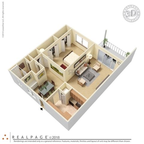 Modern 3D floor plan with a cozy bedroom, stylish living room, elegant dining area, and a compact kitchen, complete with a private balcony.