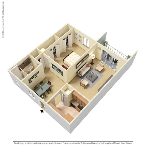 Charming 3D floor plan showcasing one-bedroom apartment with a spacious living room, modern kitchen, elegant dining area, and balcony access.