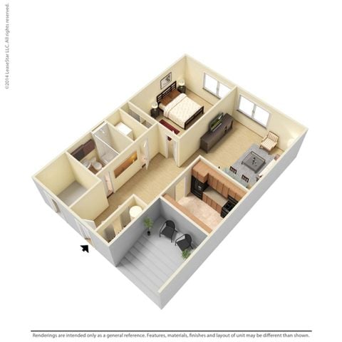 Charming 3D floor plan showcasing a stylish 1-bedroom apartment with a modern kitchen, cozy living area, and spacious bathroom. Ideal for comfortable urban living.