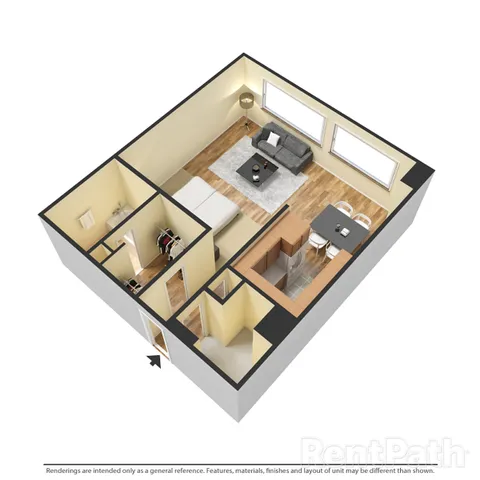 Modern and inviting 3D floor plan showcasing a cozy bedroom, sleek kitchen, and an open living-dining area with abundant natural light.