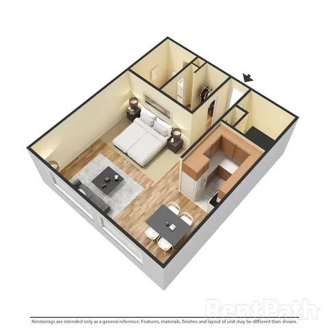 Modern 3D floor plan featuring a cozy bedroom, stylish open-plan living and dining area, and a sleek kitchen.