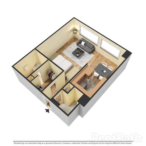 Modern 3D floor plan showcasing a cozy one-bedroom apartment with an open-concept living area, sleek kitchen, and spacious living room.
