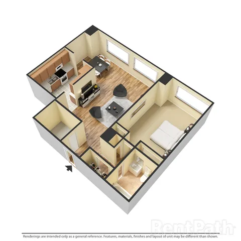 Modern 3D apartment floor plan showcasing a cozy living area, sleek kitchen, spacious bedroom, and a well-appointed bathroom.