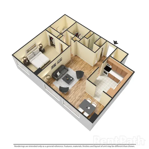 Charming 3D floor plan showcasing a cozy one-bedroom apartment with an inviting living area, stylish kitchen, and elegant dining space.