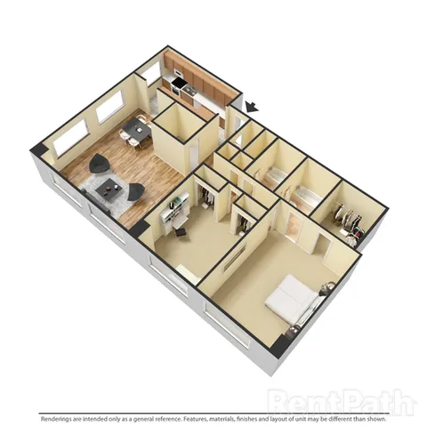 Modern 3D floor plan showcasing two bedrooms, open kitchen-dining area, cozy living room, and ample closet space for urban living.