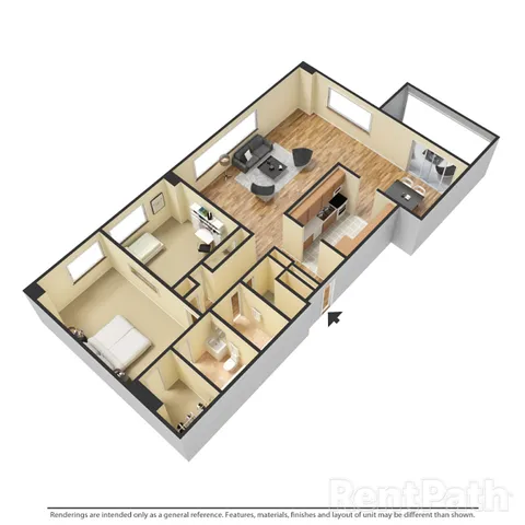 Modern 3D apartment floor plan showcasing 2 bedrooms, a cozy living area, a sleek kitchen, and a stylish bathroom layout.