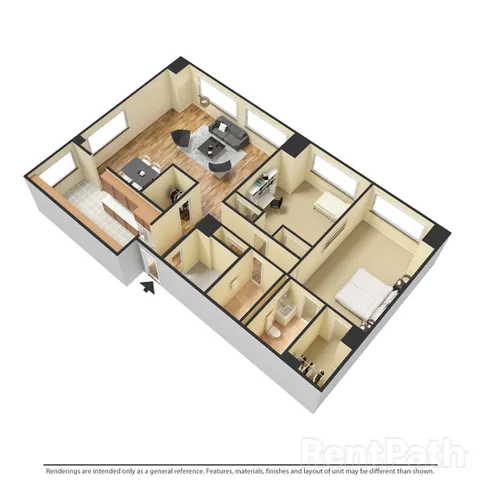 Inviting 3D apartment floor plan showcasing two cozy bedrooms, a chic living room, modern kitchen, and stylish bathroom.