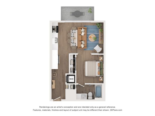 Modern single-bedroom apartment floor plan featuring an open-concept kitchen and living area, stylish balcony, and convenient in-unit washer/dryer.