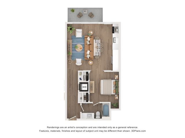 Chic 3D floor plan showcasing a modern apartment with a spacious bedroom, elegant kitchen, inviting living area, and a cozy patio.