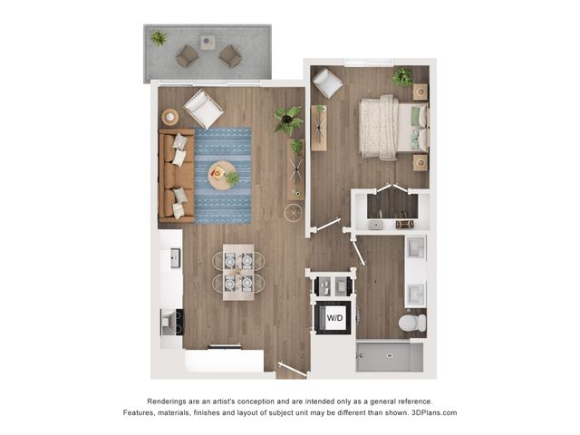 Modern one-bedroom apartment floor plan with open-concept living area, sleek kitchen, and private balcony, ideal for stylish urban living.