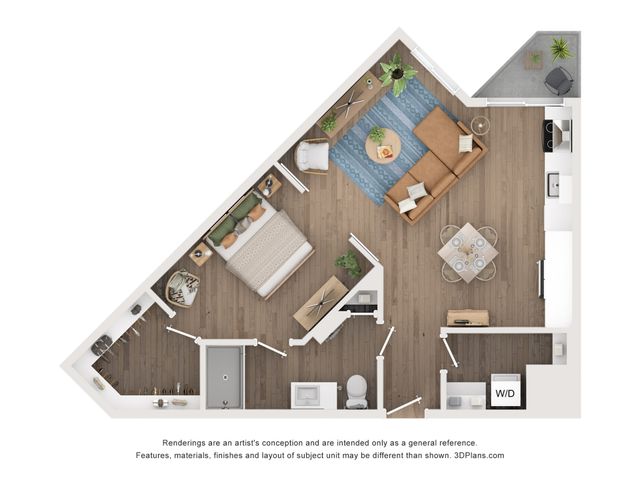 Chic floor plan showcasing a cozy bedroom, stylish open-concept living and dining area, modern kitchen, and efficient use of space. Features unique angular design and inviting decor.