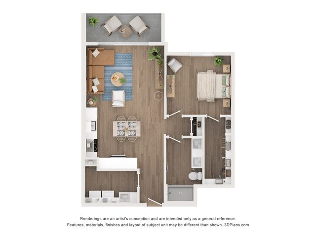 Modern apartment floor plan featuring an open-concept living and dining area, sleek kitchen, cozy bedroom, and private balcony space with stylish furnishings.
