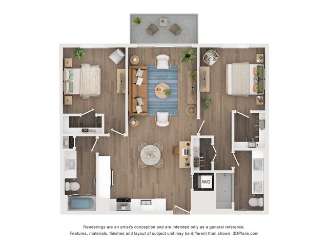 Stylish apartment floor plan with 2 bedrooms, modern open-concept living area, and balcony space for relaxation.