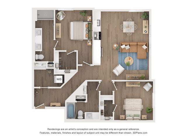 Charming 2D floor plan showcasing a modern apartment with 2 bedrooms, inviting living room, elegant dining area, and a well-appointed kitchen.