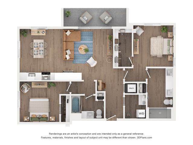 Elegant 2D floor plan featuring 2 bedrooms, a cozy living room, modern kitchen, and spacious balcony.