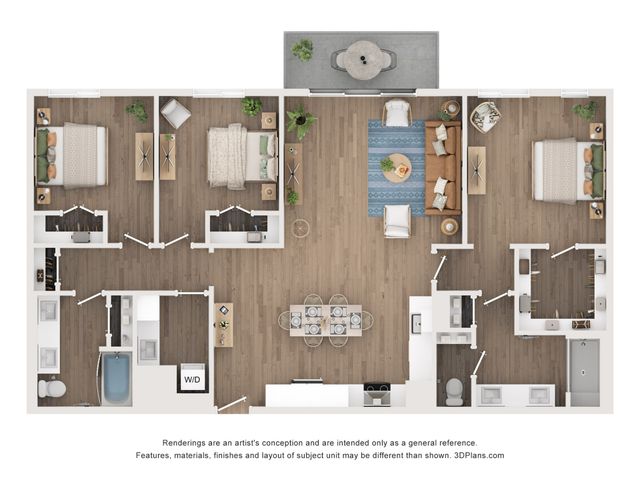 Contemporary 3D floor plan showcasing 3 spacious bedrooms, elegant living area, sleek kitchen with island, and two modern bathrooms. Perfect blend of style and functionality.