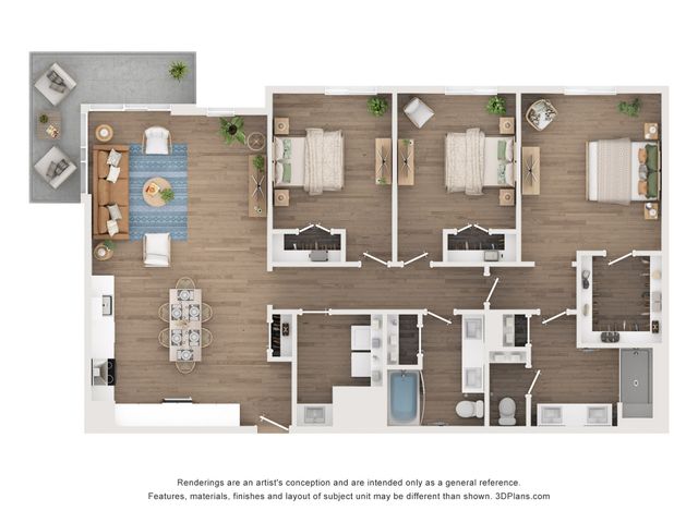 Spacious floor plan featuring 3 cozy bedrooms, an open-concept living and dining area, and a modern kitchen with abundant natural light.