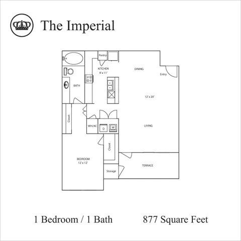 Elegant floor plan for The Imperial, featuring 1 bedroom, 1 bath, and a spacious living area with terrace.