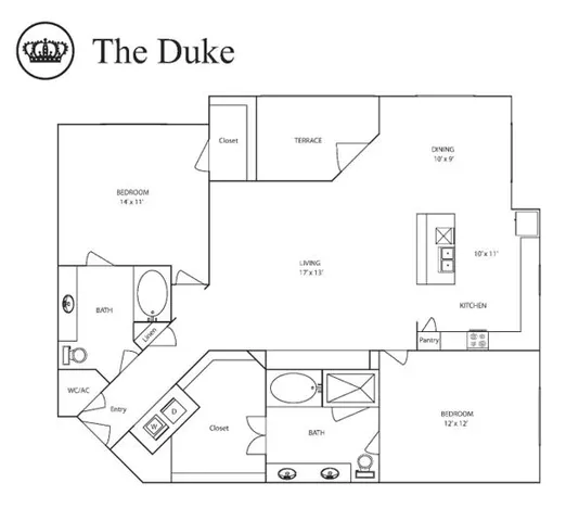 The Duke floor plan with 2 bedrooms, 2 baths, open living area, dining, kitchen, and terrace.