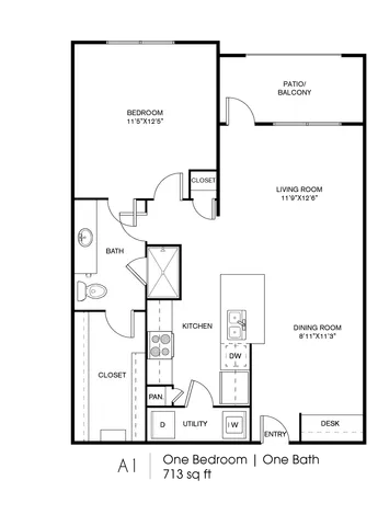Modern floor plan layout with a spacious bedroom, open living and dining area, sleek kitchen, and inviting patio balcony.