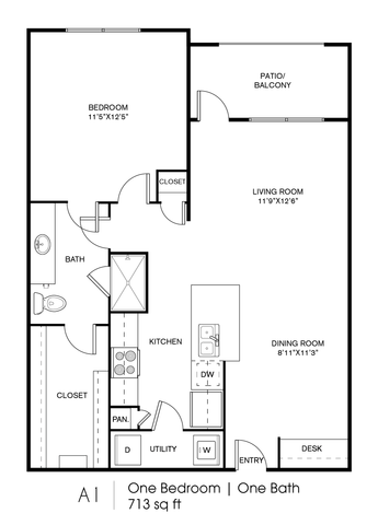 Modern 2D floor plan featuring a spacious bedroom, open-concept living and dining areas, and a stylish kitchen with utility space. Includes a patio, bathroom, and a convenient desk nook for efficient living.