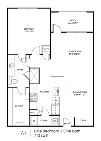 Charming 1-bedroom apartment floor plan with a spacious living room, modern kitchen, cozy dining area, and a private patio.