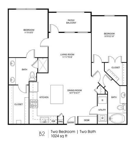 Modern 2-bedroom floor plan with spacious living room, open-concept kitchen, two bathrooms, and a patio, perfect for comfortable living.